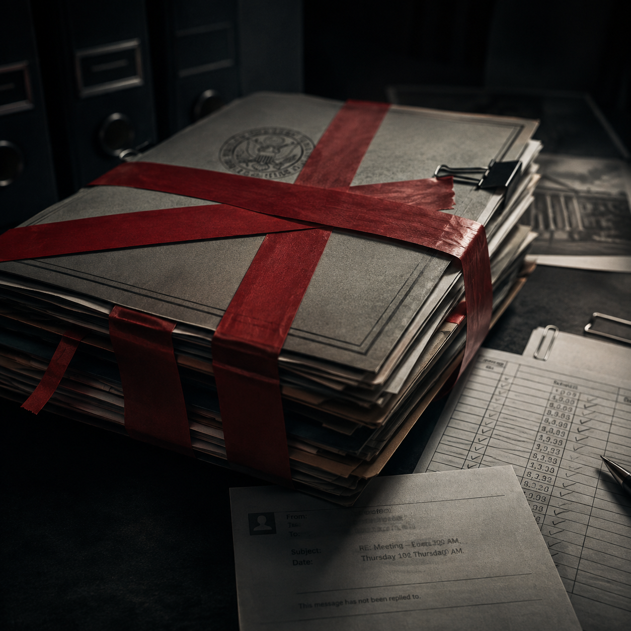 Official files and institutional documents bound in red tape on a dark desk.
